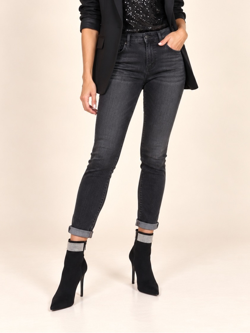 Caparros Black Pointed-Toe Ankle Boots with Rhinestone Collar 9.5